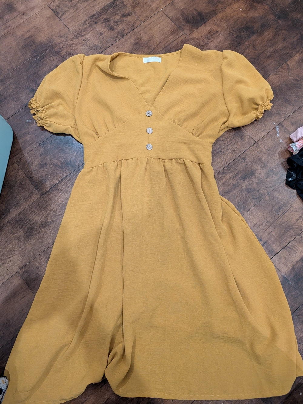 Girls' Mustard Puff-Sleeve Dress with Button Front